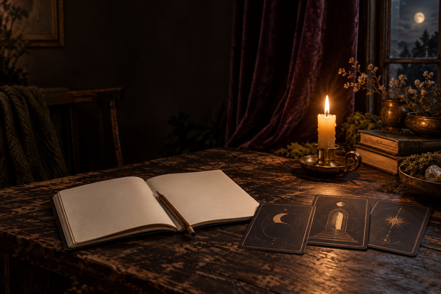 Illustrated brand scene: candlelight, abstract divination cards, and an open journal on a dark wooden table.